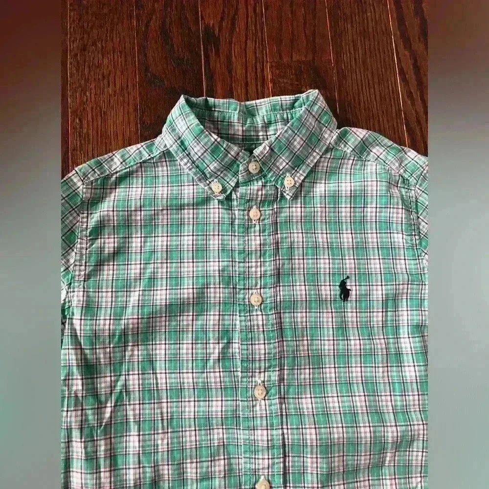 Ralph Lauren Boys 5 Green Plaid Oxford Button-Down Shirt - VGUC!!